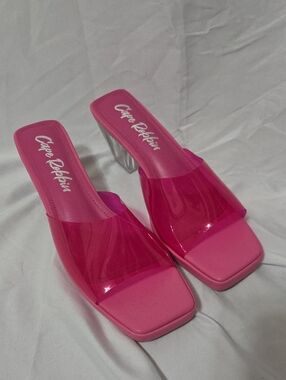 Hot Pink Translucent Strap w/Clear Heels, Slip on Mules, Size 10, Dionne, New